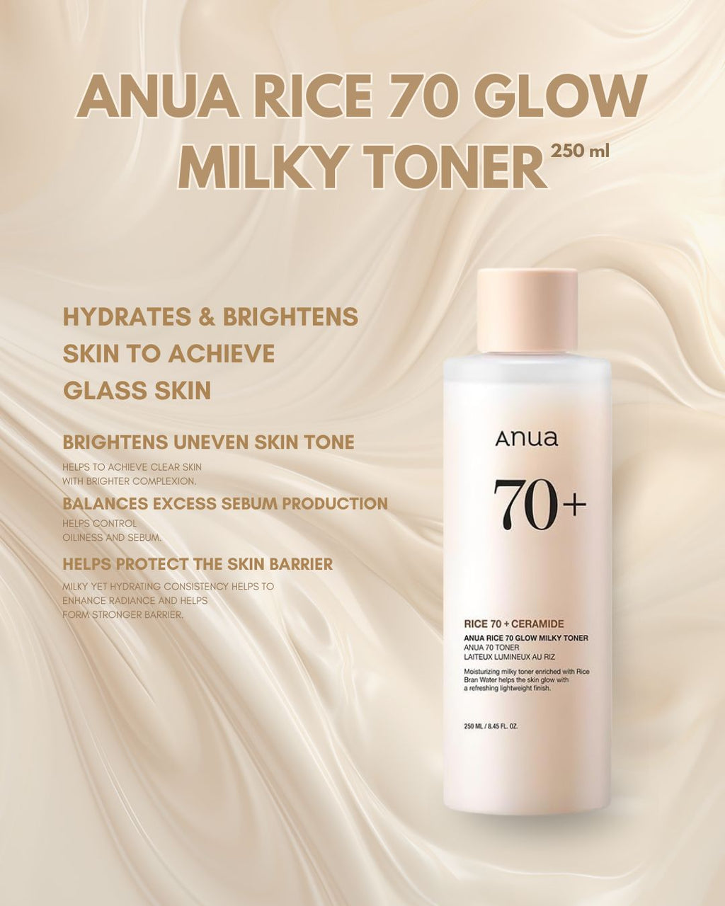Anua Rice 70 + Ceramide Glow Milky Toner 250ml – Hydrating & Brightening Korean Toner